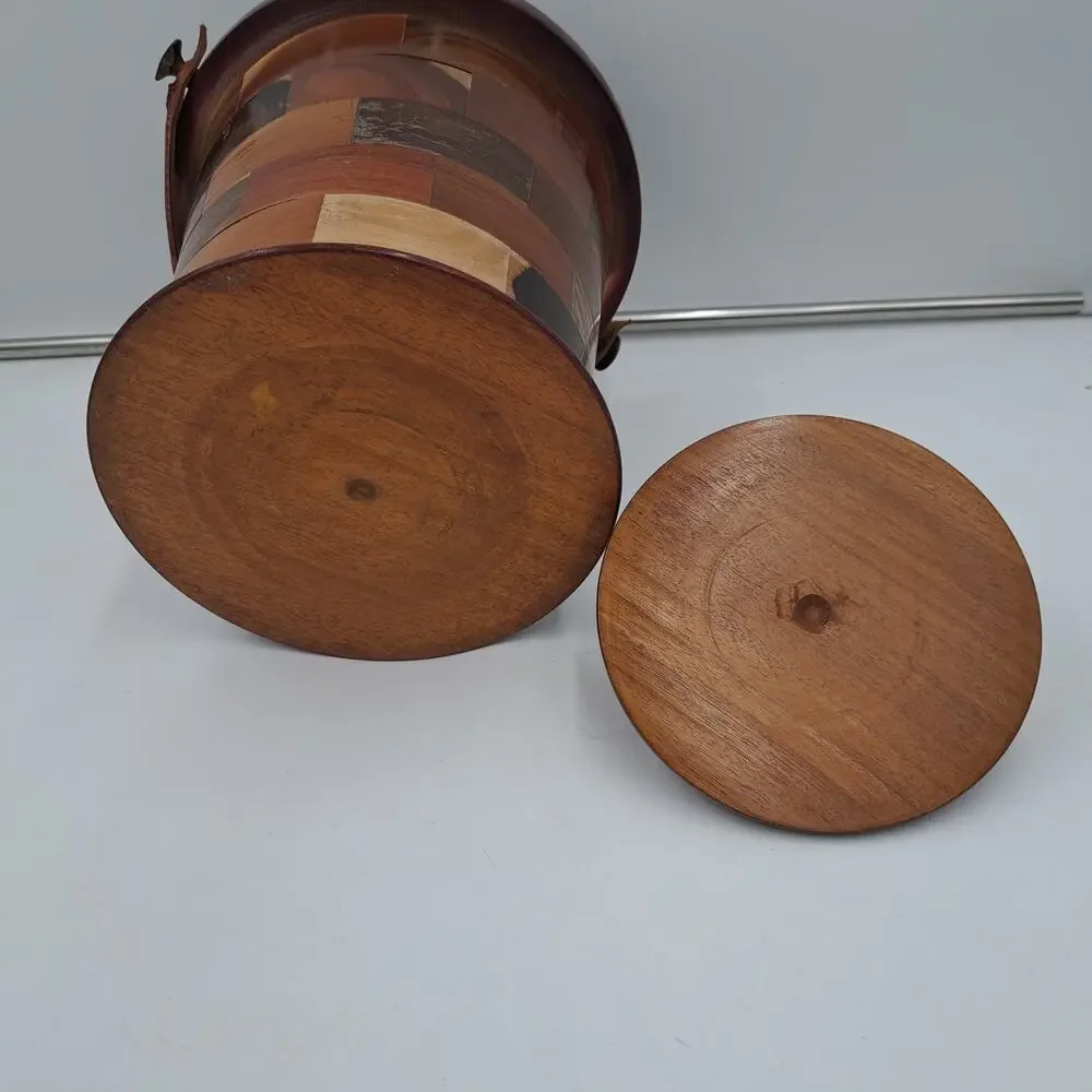 Unique Handmade round stacked wood lined ice bucket Wine Champagne chiller MCM